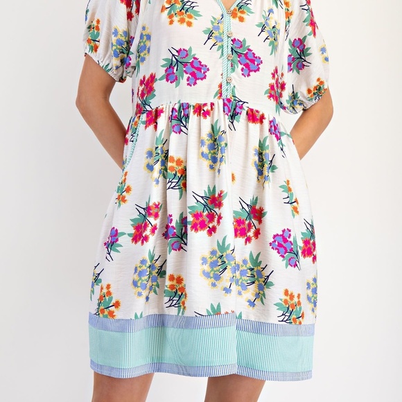 NEW EASEL PRINT MIX STRIPE BUTTON FRONT WOVEN DRESS PUFF SLEEVES FLORAL - Picture 6 of 7